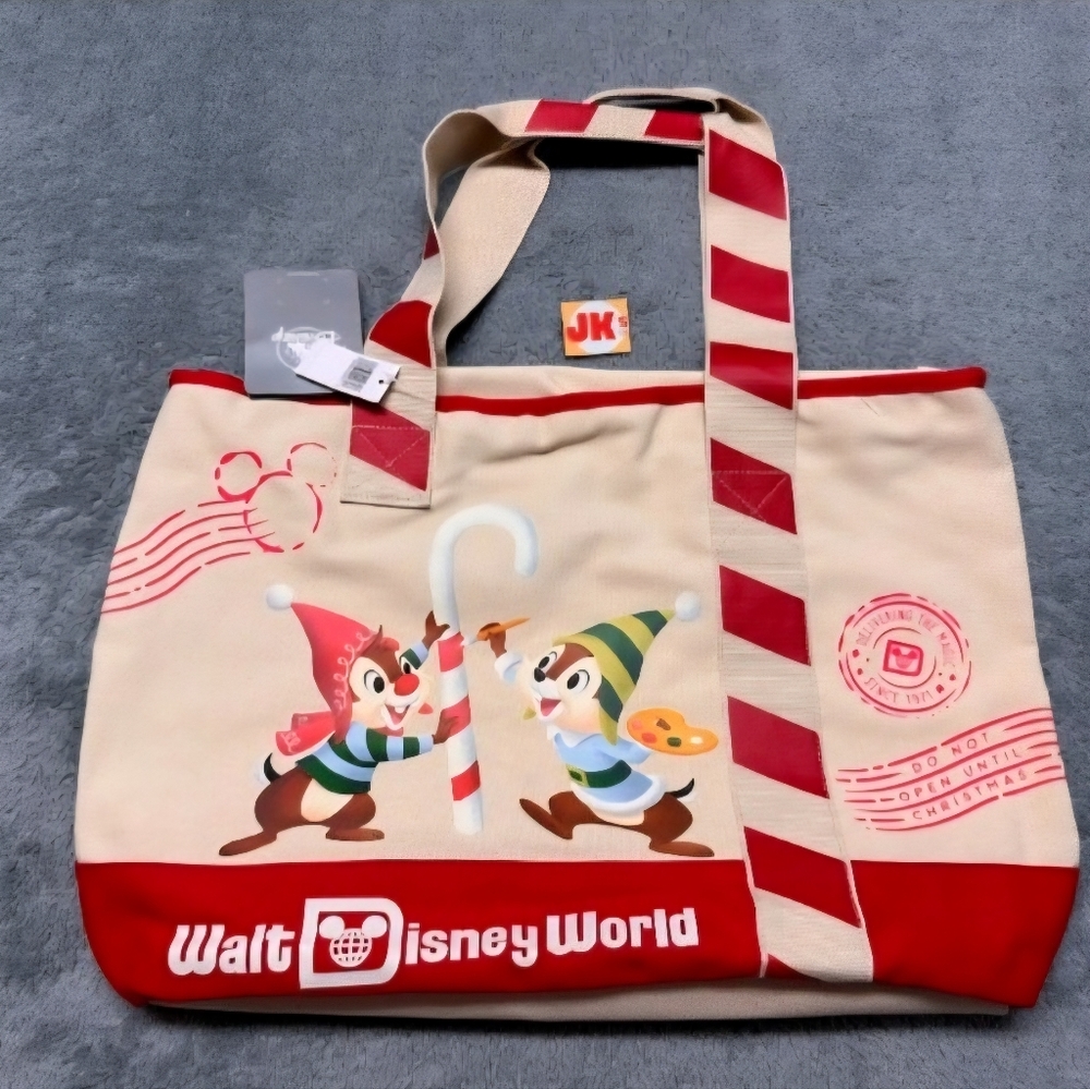 NEW Walt Disney World Tote Bag Chip And Dale Christmas Mickey Mouse Candy Cane